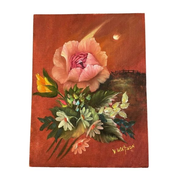 Vintage Signed Painting V Watson, Rose Phantasy, 9x12 unframed canvas art, 1984 - Picture 1 of 7